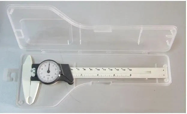 Black plastic vernier caliper showing 150mm measurement scale with stainless steel components