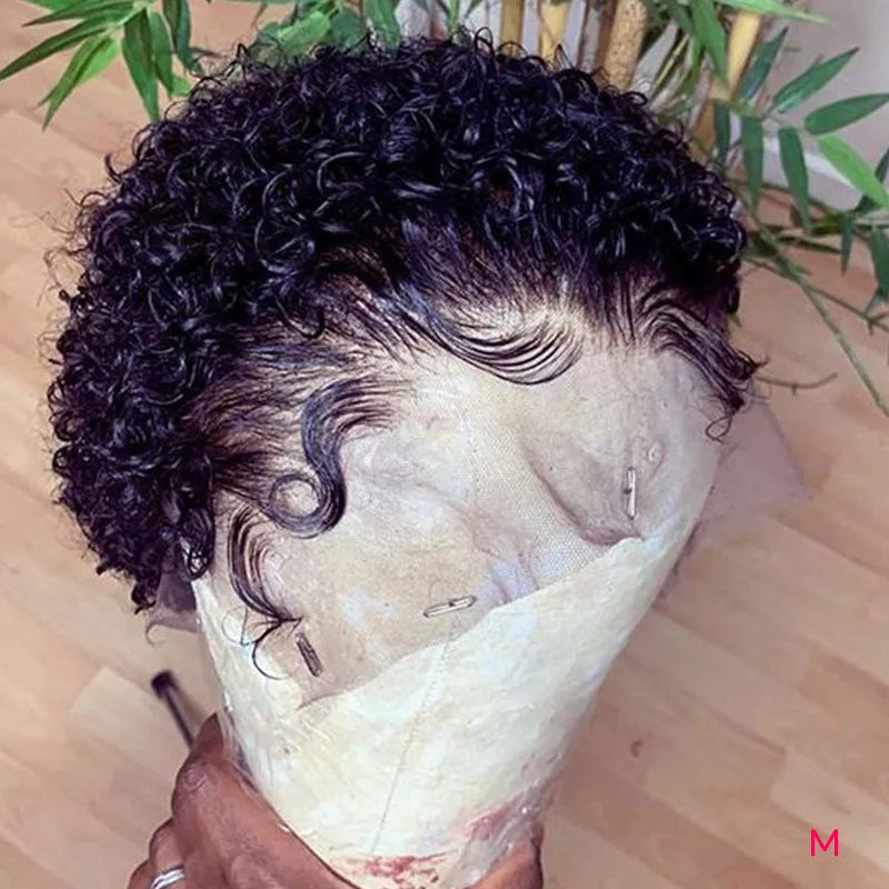 Short black afro curly wig for ladies with fluffy explosion curls and long bangs, made from dyeable high temperature fibre.