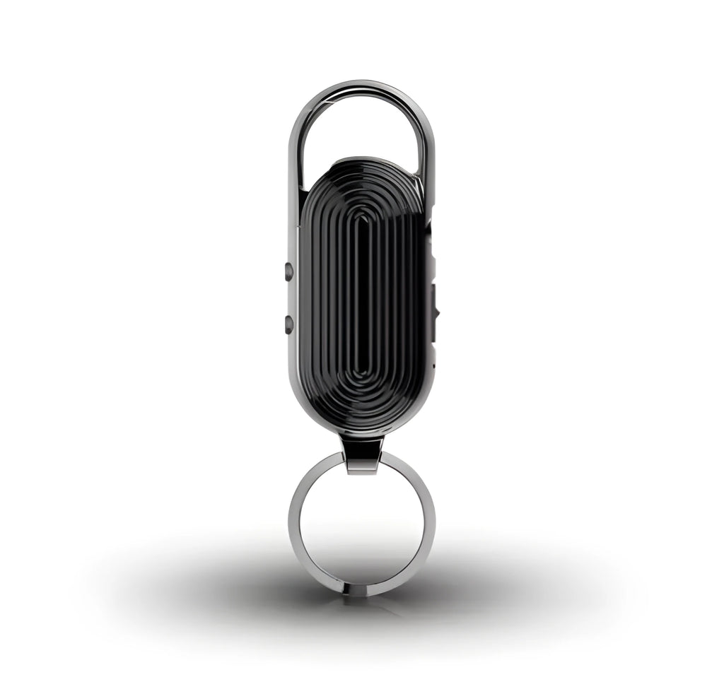 Black portable digital voice recorder with zinc alloy casing for intelligent voice control and encrypted audio recording.