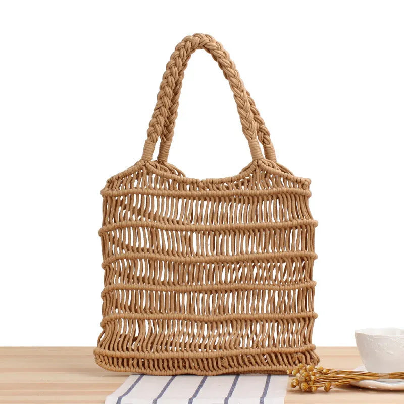 Women's square straw beach bag with double shoulder straps in camel colour