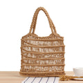 Women's square straw beach bag with double shoulder straps in camel colour