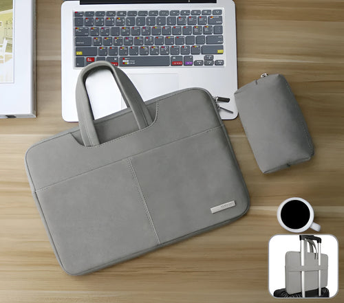 Blue PU leather laptop sleeve open to show padded interior, zipper pocket, and mobile phone slot.