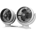 Car dual-head USB fan with digital display and dual controls, ABS plastic, black finish, on a dashboard