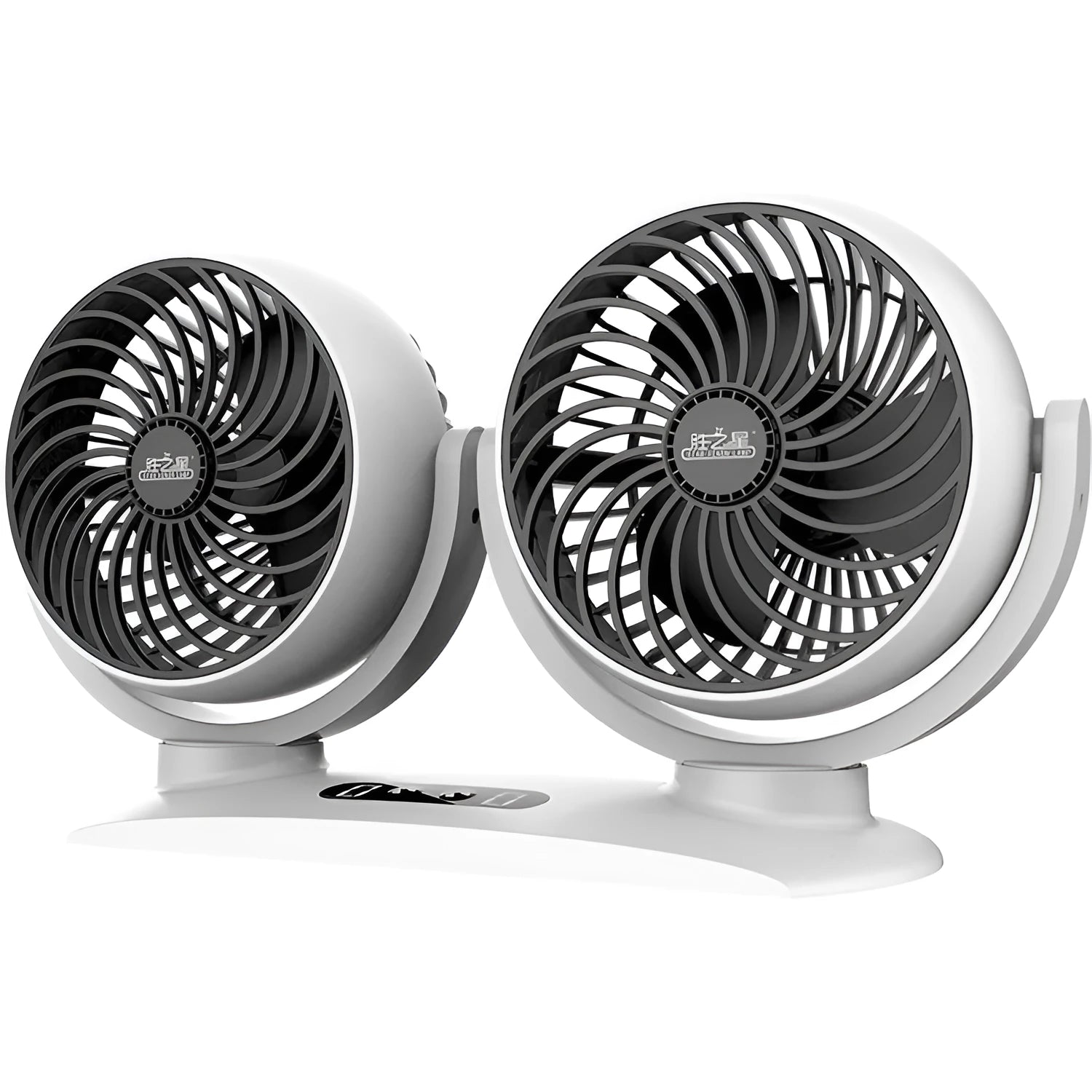 Car dual-head USB fan with digital display and dual controls, ABS plastic, black finish, on a dashboard