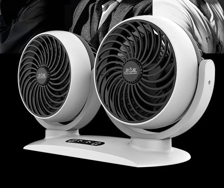 Car dual-head USB fan with digital display and dual controls, ABS plastic, black finish, on a dashboard