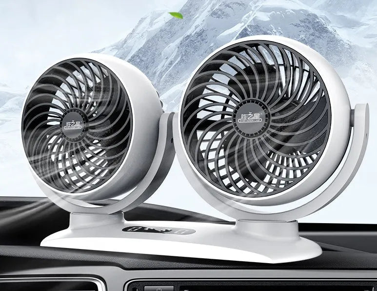 Car dual-head USB fan with digital display and dual controls, ABS plastic, black finish, on a dashboard