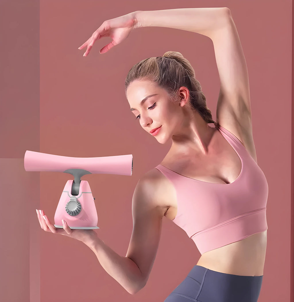 Sit-ups aid with suction cup base, adjustable height lever, and thick foam foot pads on a tiled floor