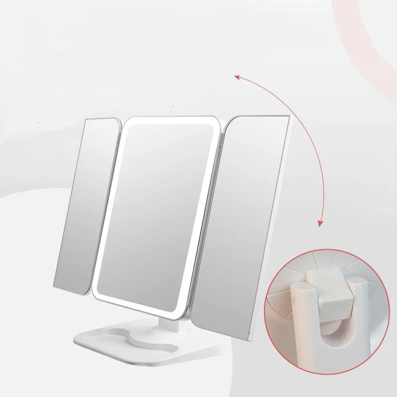 Trifold makeup mirror with 68 LED lights, 10X detachable magnifying mirror, and 180-degree rotation on a table