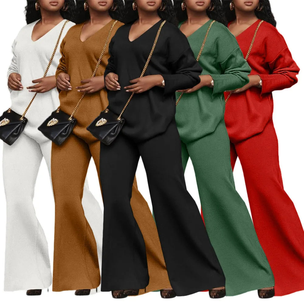 Women's brown thick suede velvet two-piece suit with split long sleeves and matching trousers.