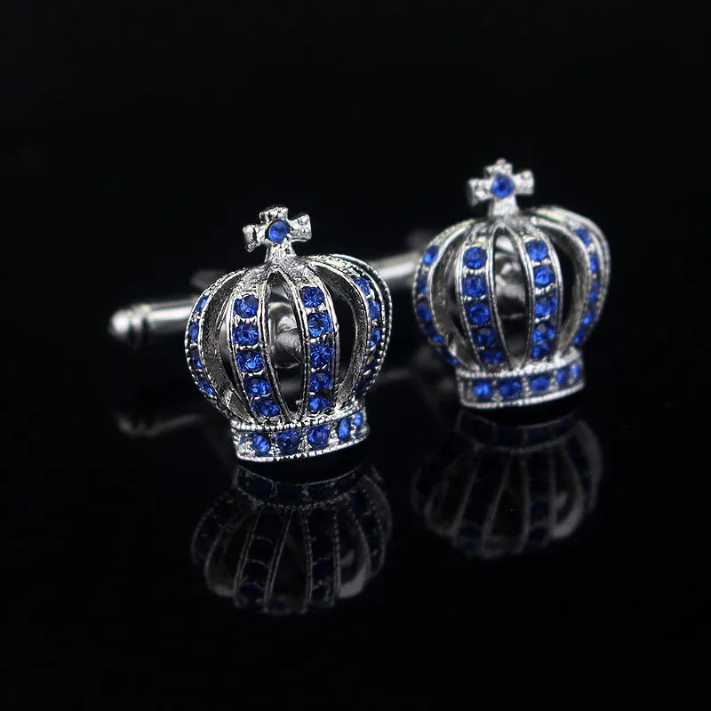 Pair of diamond crown shape alloy cufflinks with electroplated finish, blue colour, European animal motif