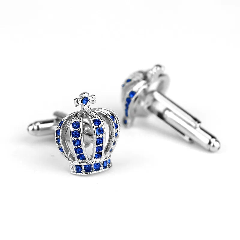 Pair of diamond crown shape alloy cufflinks with electroplated finish, blue colour, European animal motif