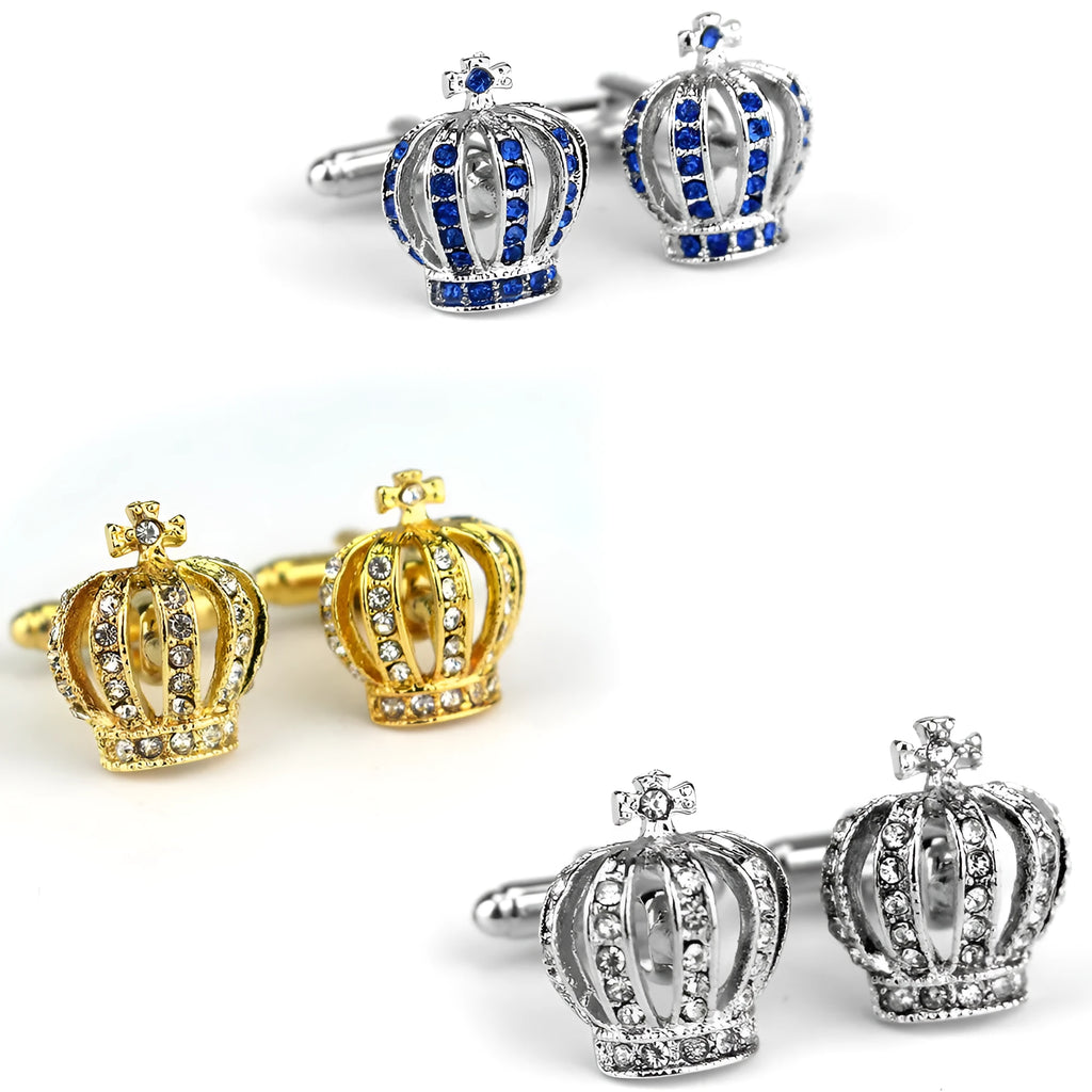 Pair of diamond crown shape alloy cufflinks with electroplated finish, blue colour, European animal motif