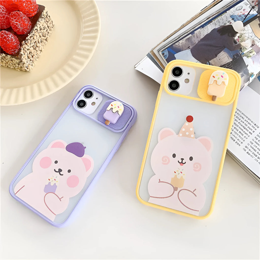 Popsicle bear cartoon TPU back cover for iPhone 12 in purple and yellow animal design