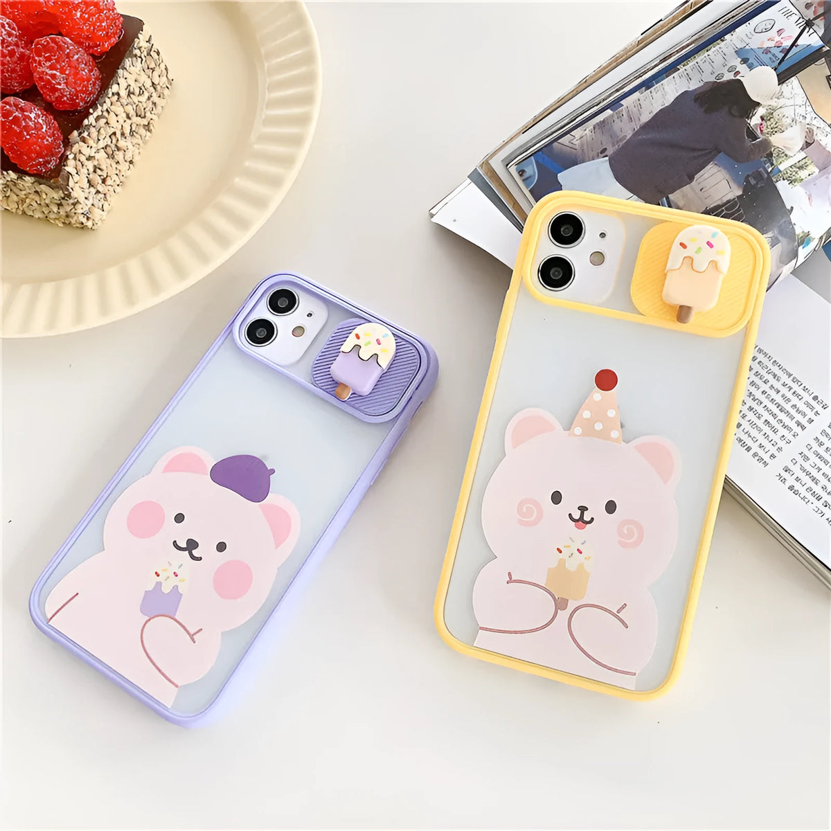 Popsicle bear cartoon TPU back cover for iPhone 12 in purple and yellow animal design