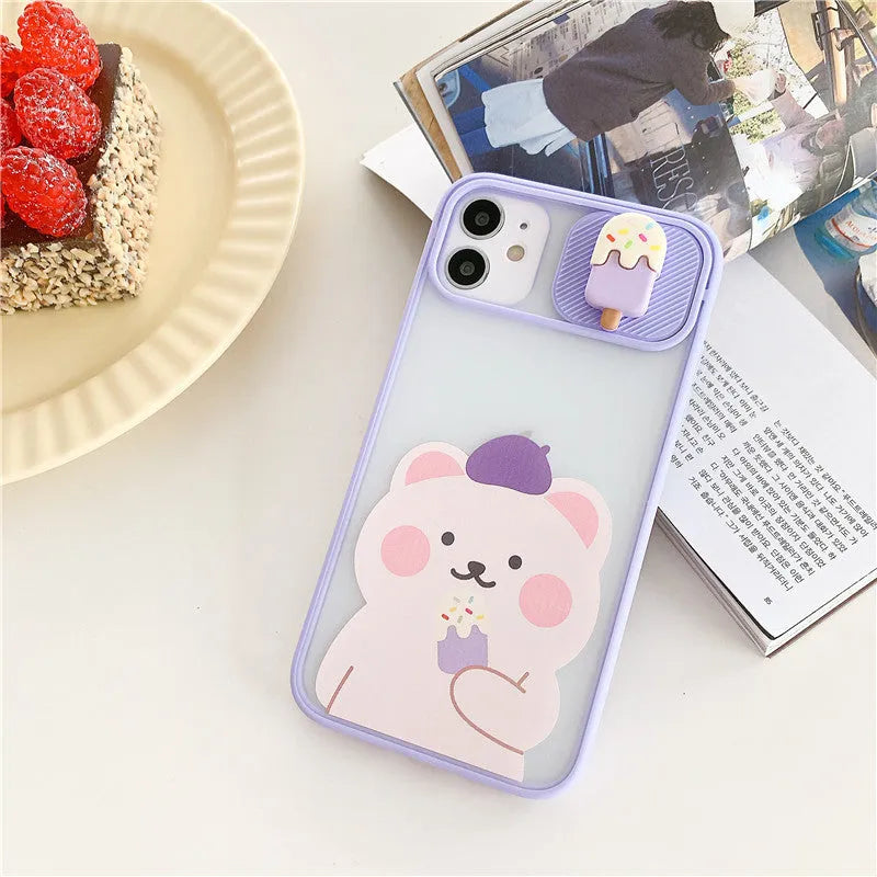 Popsicle bear cartoon TPU back cover for iPhone 12 in purple and yellow animal design