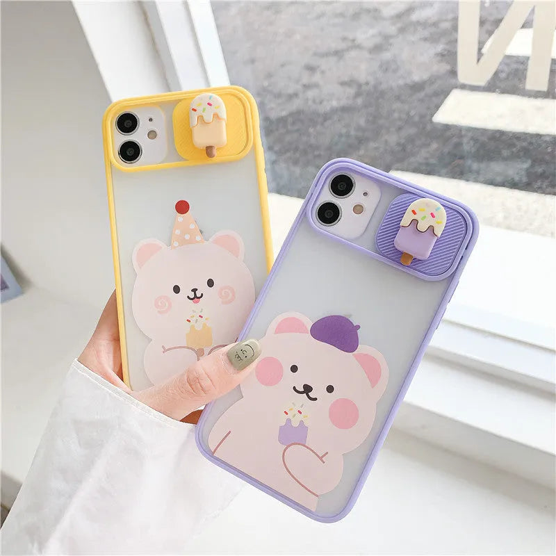 Popsicle bear cartoon TPU back cover for iPhone 12 in purple and yellow animal design