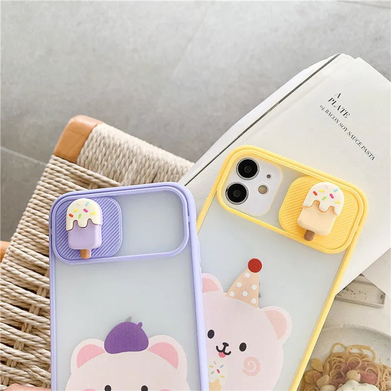 Popsicle bear cartoon TPU back cover for iPhone 12 in purple and yellow animal design