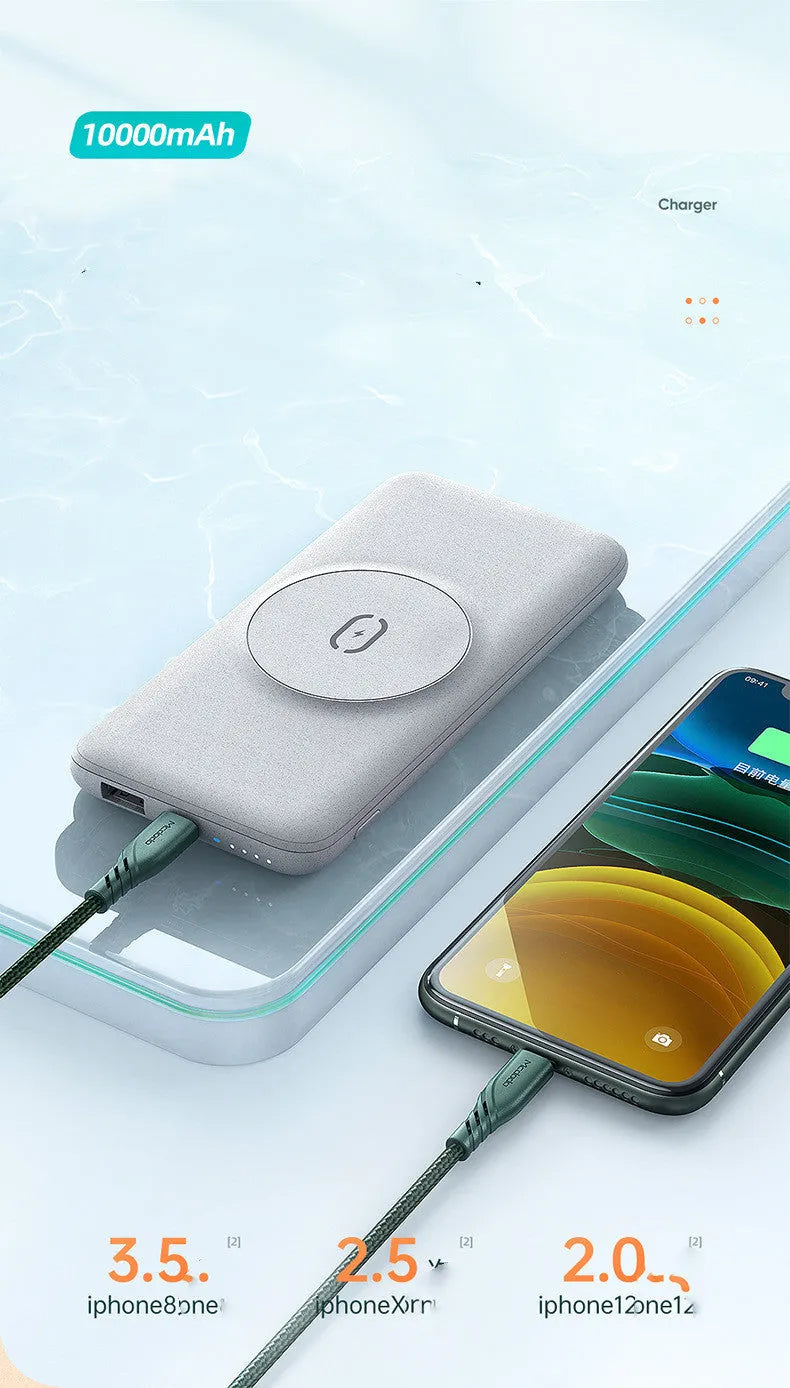 Maiduo mint green magnetic power bank attached to the back of an iPhone, showing slim clip-on design.