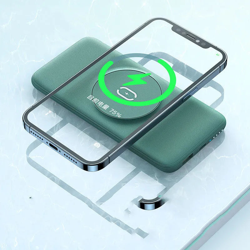 Maiduo mint green magnetic power bank attached to the back of an iPhone, showing slim clip-on design.