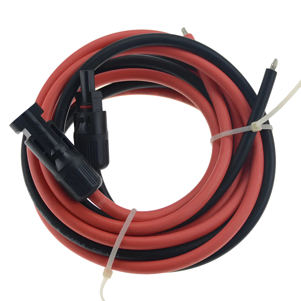 MC4 connector solar panel extension cable in black and red, showing tinned copper wire and insulation.