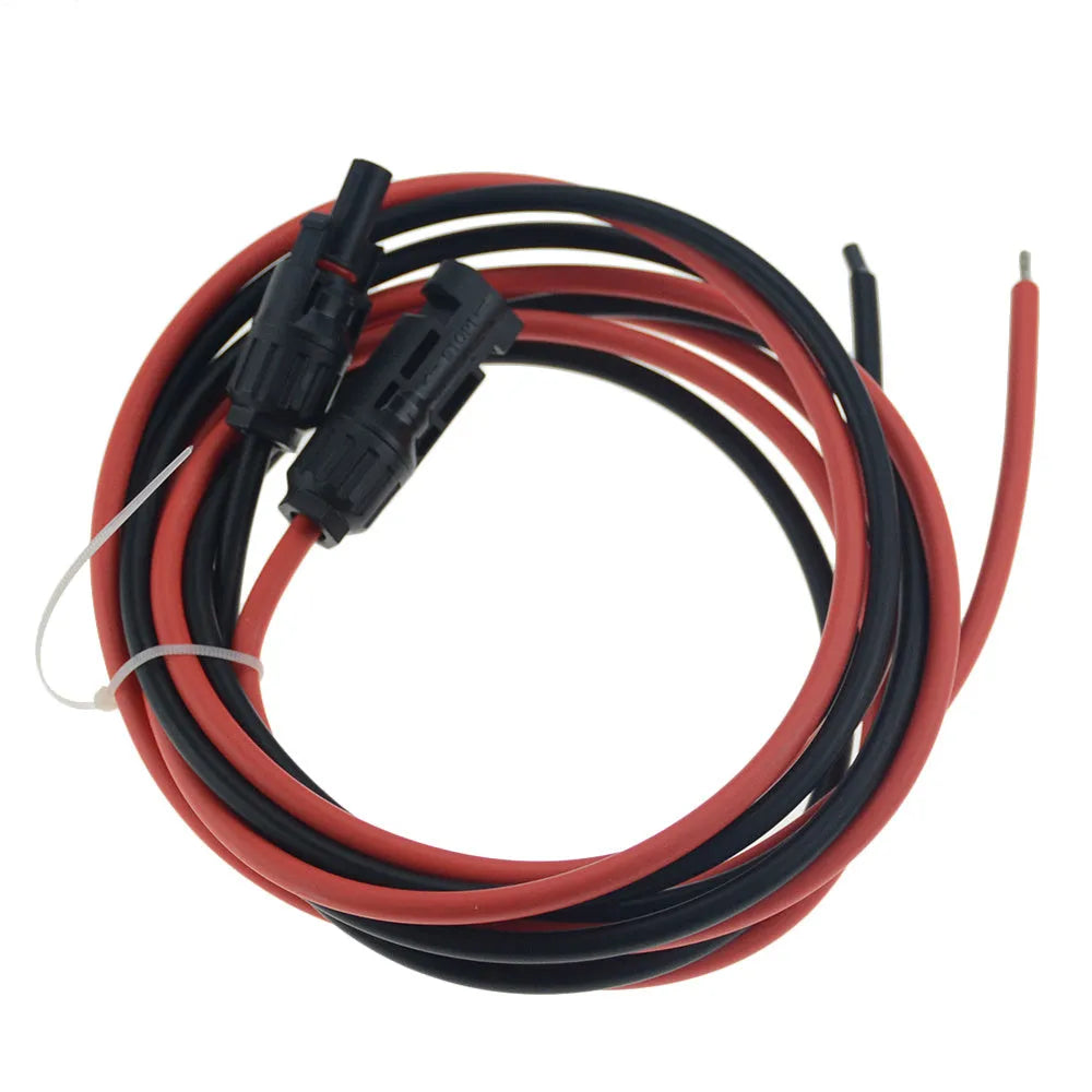 MC4 connector solar panel extension cable in black and red, showing tinned copper wire and insulation.