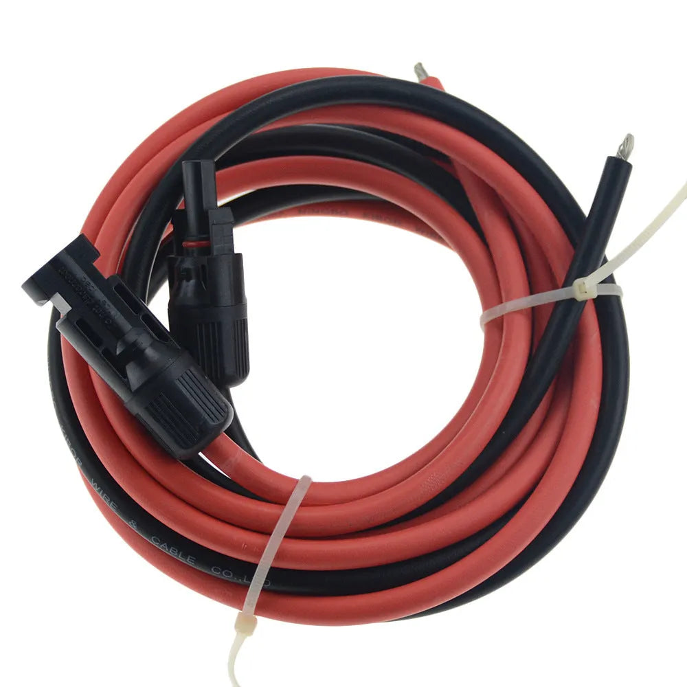 MC4 connector solar panel extension cable in black and red, showing tinned copper wire and insulation.
