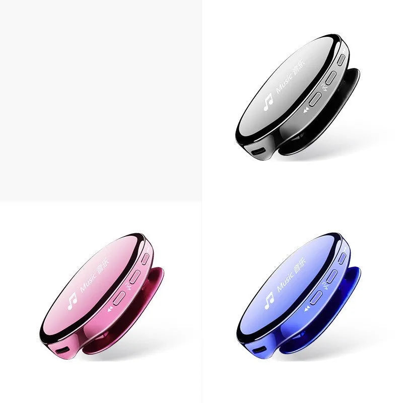 Black Bluetooth MP4 music player with OLED screen showing track information.