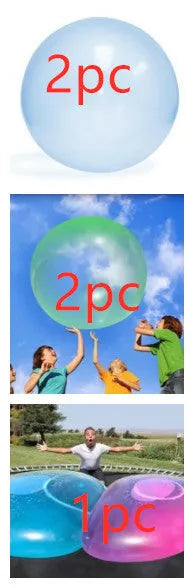 Assortment of inflated pink, yellow, blue and green TPR bouncy balls in different sizes on a plain background.