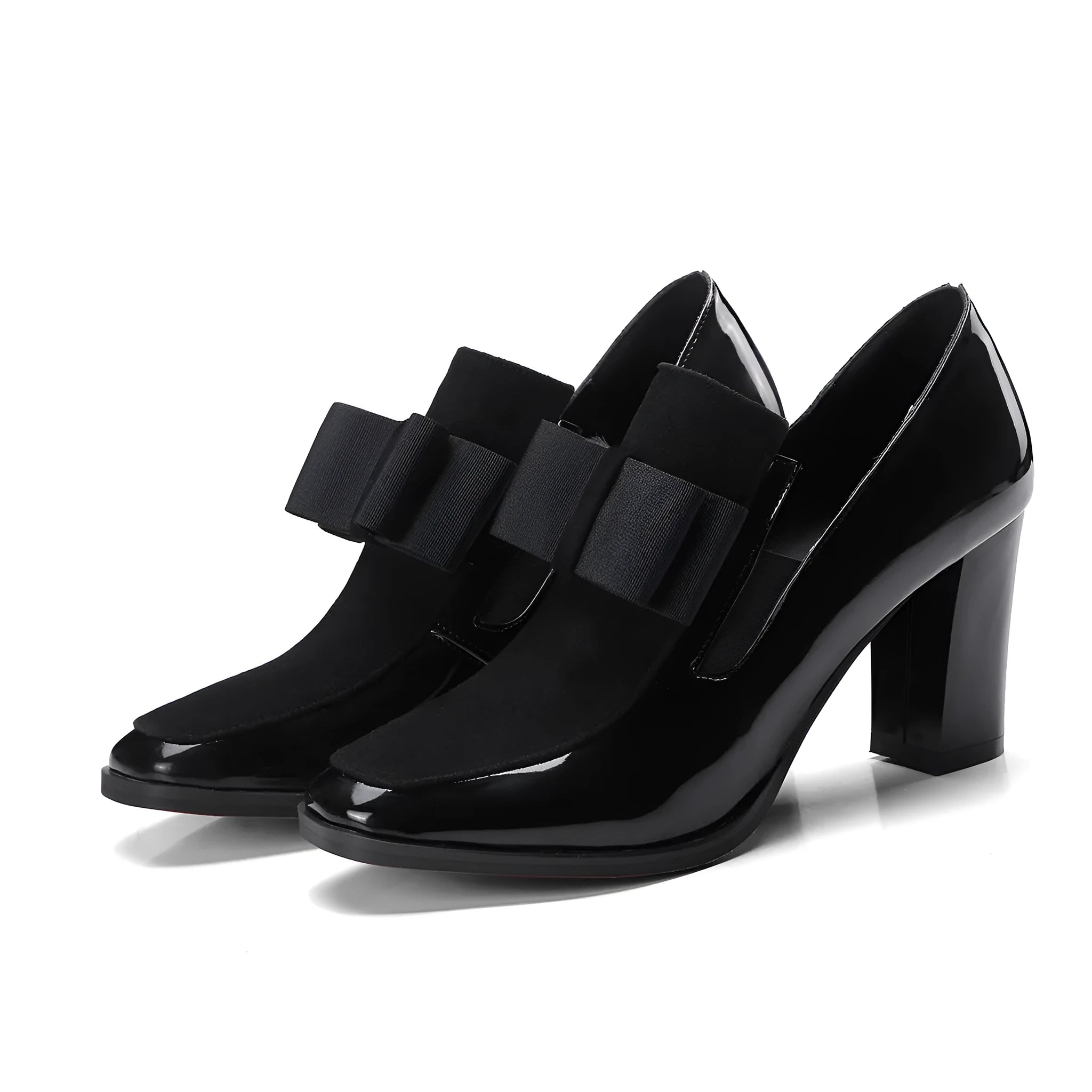 Women's patent leather high heel shoes with thick block heel in black and red colour options