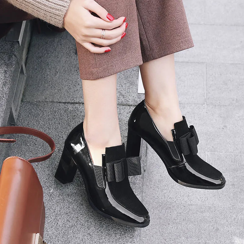 Women's patent leather high heel shoes with thick block heel in black and red colour options