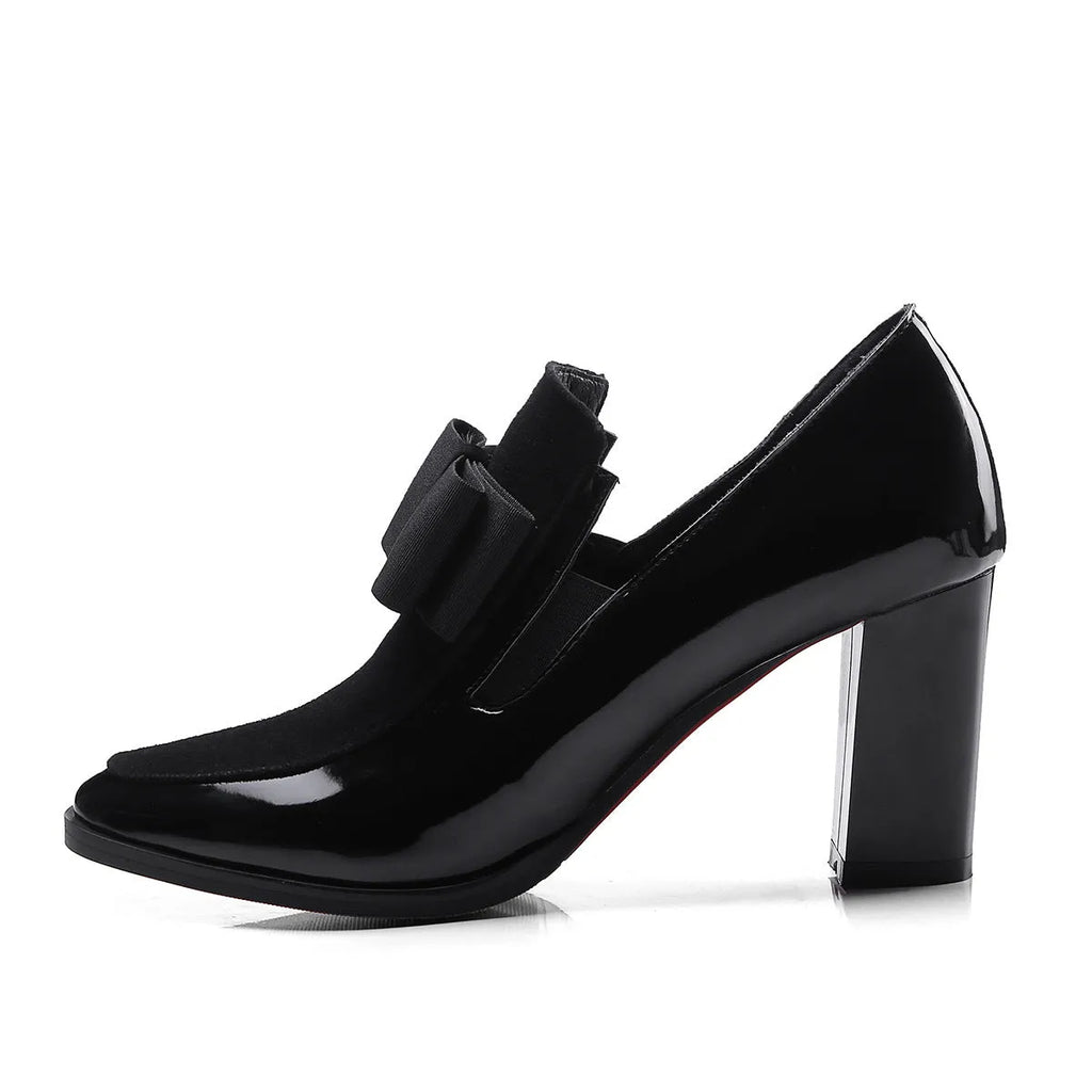 Women's patent leather high heel shoes with thick block heel in black and red colour options