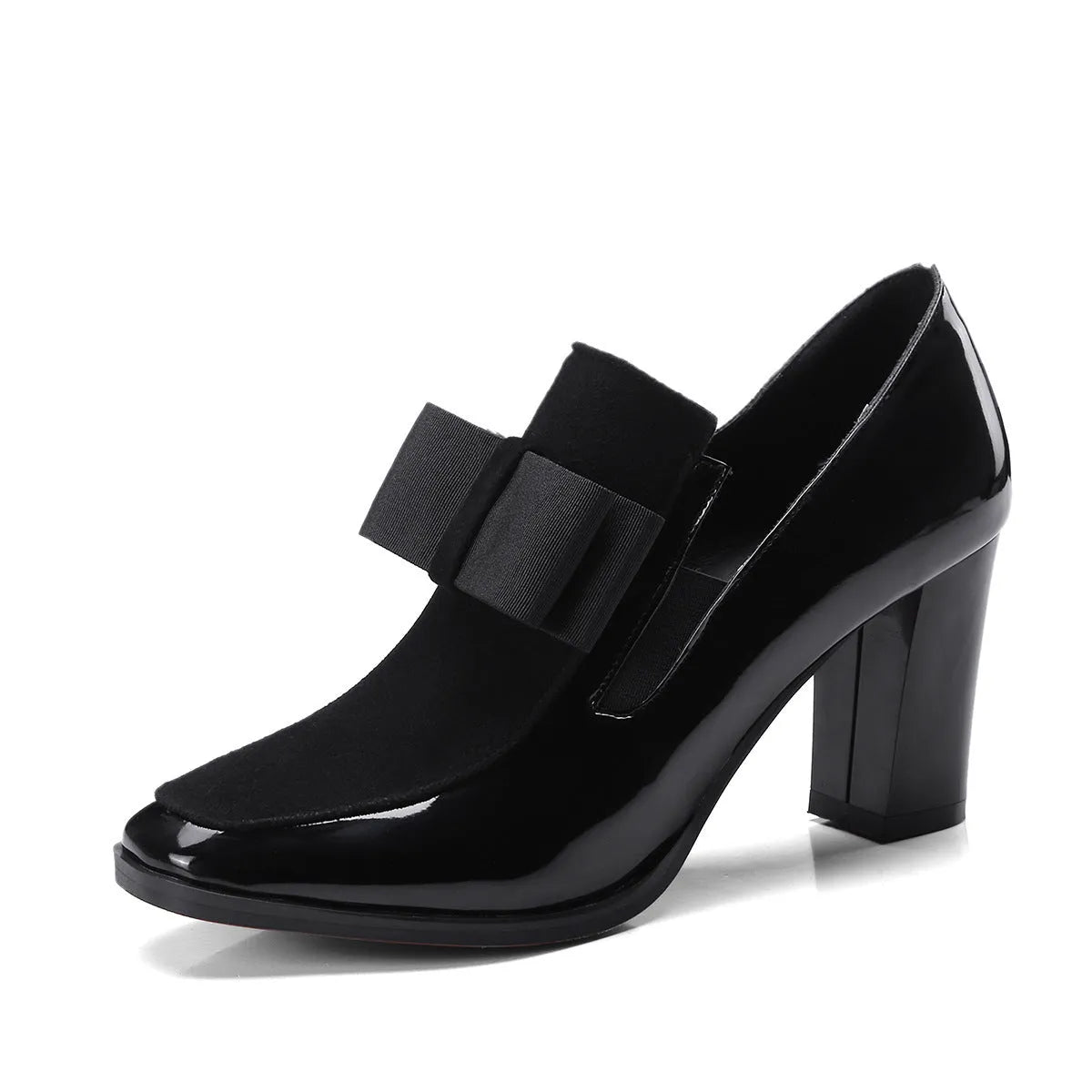 Women's patent leather high heel shoes with thick block heel in black and red colour options