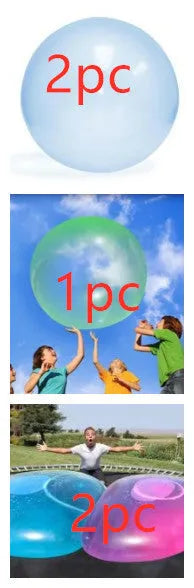 Assortment of inflated pink, yellow, blue and green TPR bouncy balls in different sizes on a plain background.