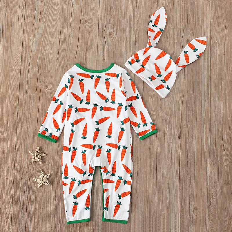 Red cotton baby romper jumpsuit for Easter, shown with a detailed size chart for 70cm, 80cm, 90cm, and 100cm sizes.