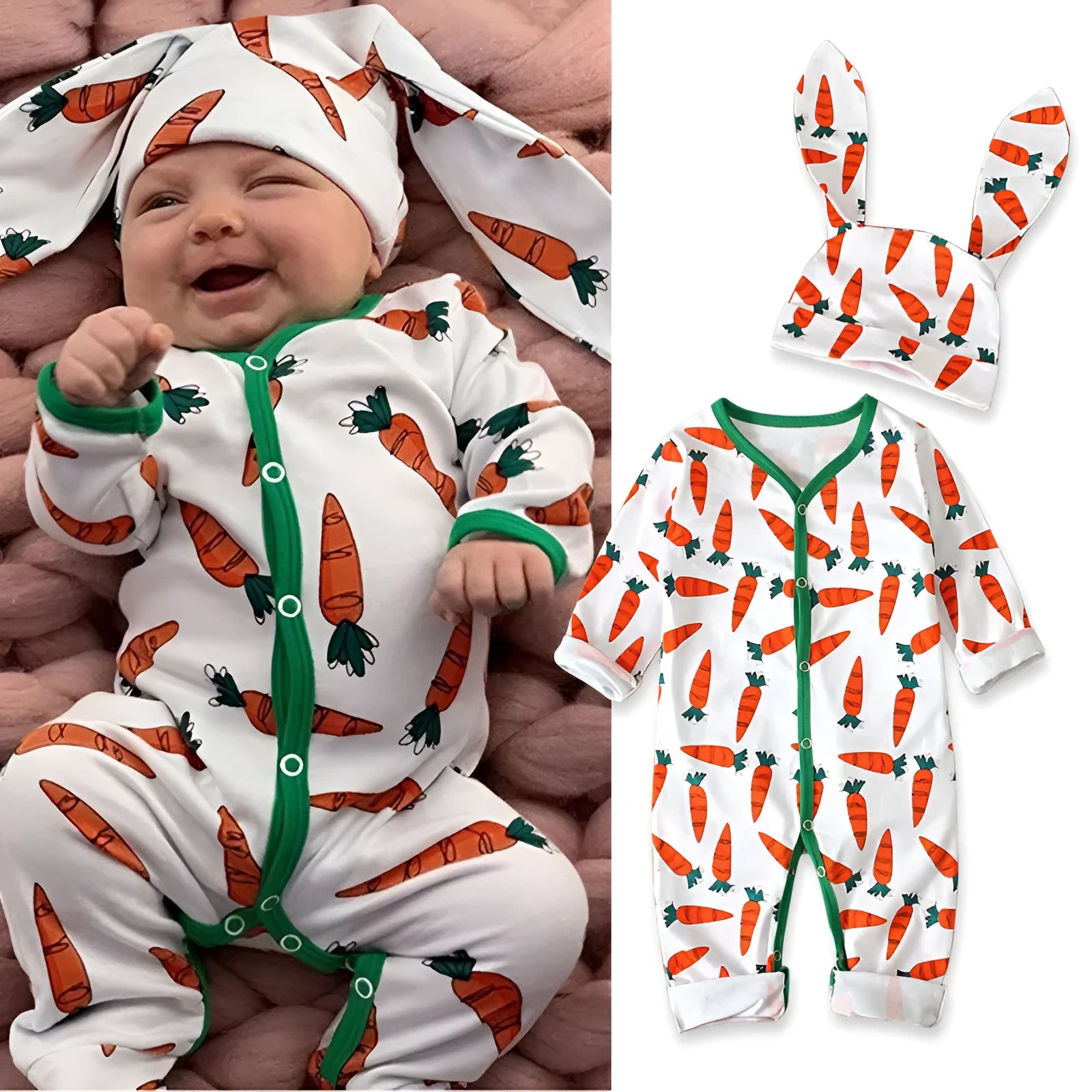 Red cotton baby romper jumpsuit for Easter, shown with a detailed size chart for 70cm, 80cm, 90cm, and 100cm sizes.