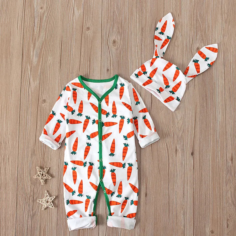 Red cotton baby romper jumpsuit for Easter, shown with a detailed size chart for 70cm, 80cm, 90cm, and 100cm sizes.