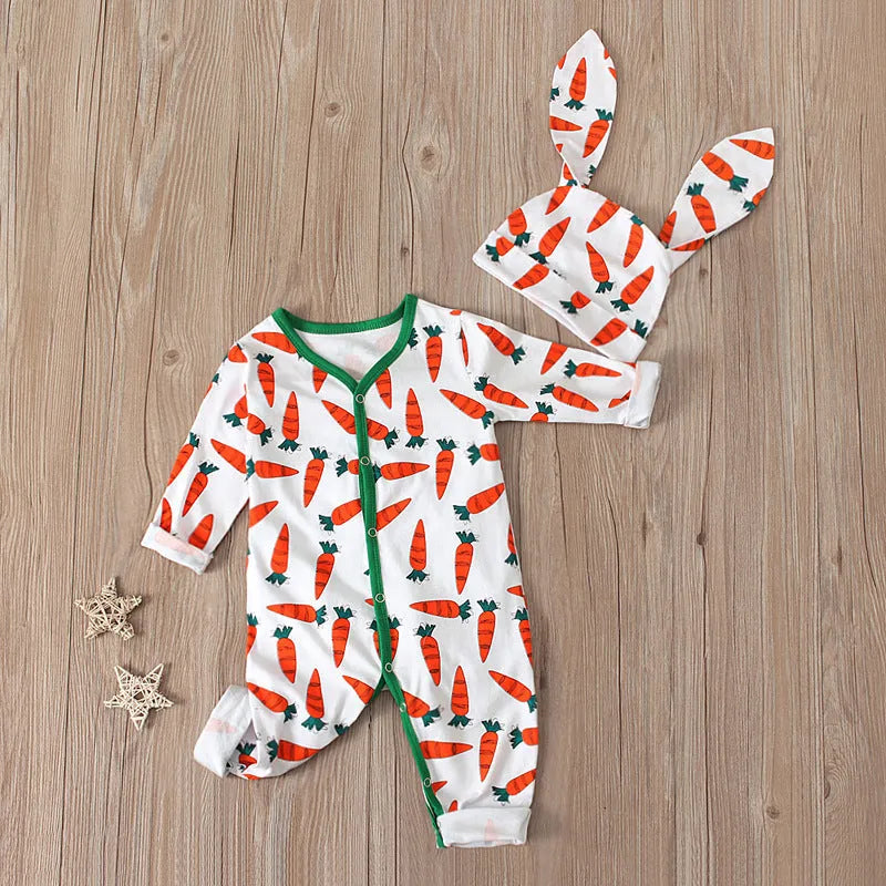 Red cotton baby romper jumpsuit for Easter, shown with a detailed size chart for 70cm, 80cm, 90cm, and 100cm sizes.