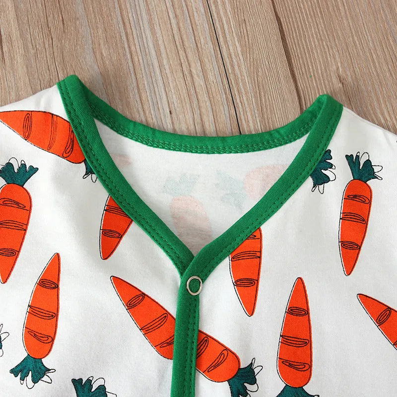 Red cotton baby romper jumpsuit for Easter, shown with a detailed size chart for 70cm, 80cm, 90cm, and 100cm sizes.