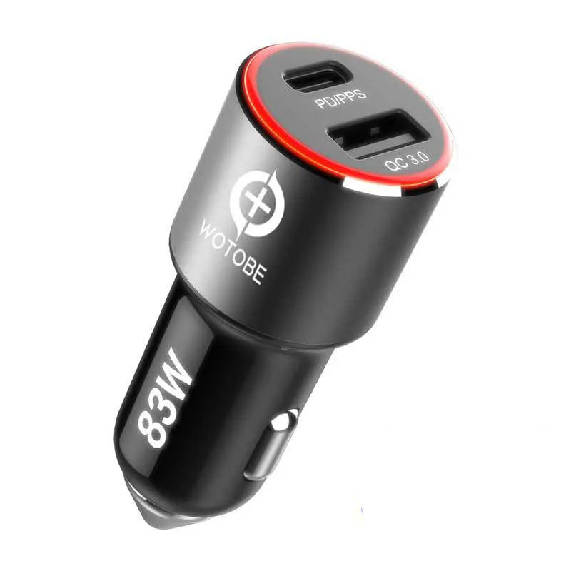 Compact black 83W dual-port fast car charger with USB-C and QC3.0 ports, shown plugged into a car dashboard.