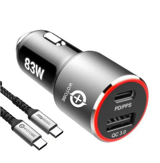 Compact black 83W dual-port fast car charger with USB-C and QC3.0 ports, shown plugged into a car dashboard.