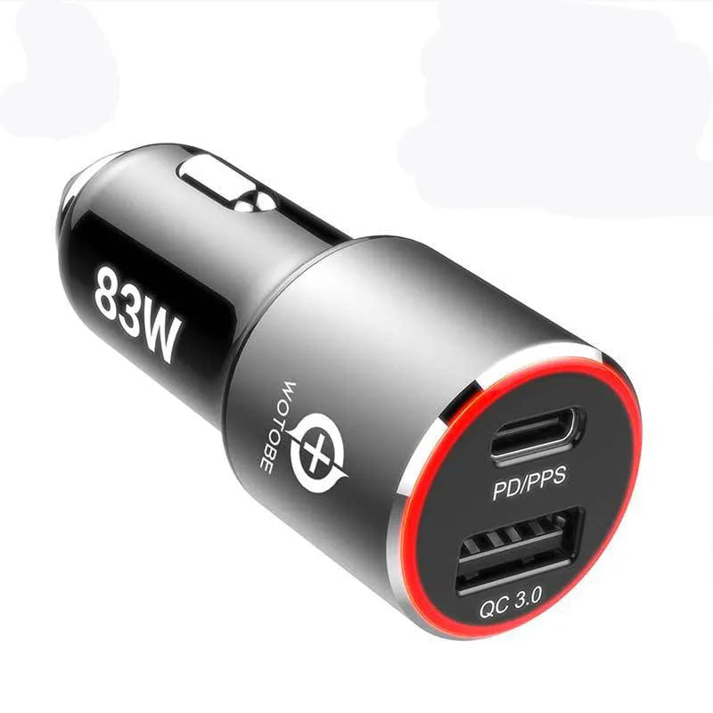 Compact black 83W dual-port fast car charger with USB-C and QC3.0 ports, shown plugged into a car dashboard.