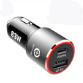 Compact black 83W dual-port fast car charger with USB-C and QC3.0 ports, shown plugged into a car dashboard.
