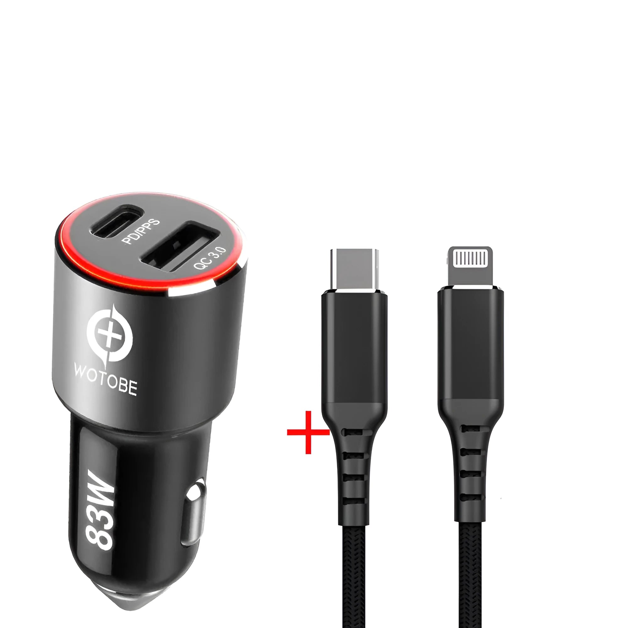Compact black 83W dual-port fast car charger with USB-C and QC3.0 ports, shown plugged into a car dashboard.