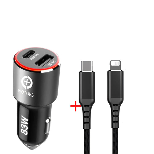 Compact black 83W dual-port fast car charger with USB-C and QC3.0 ports, shown plugged into a car dashboard.