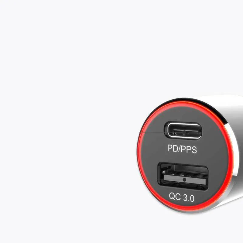 Compact black 83W dual-port fast car charger with USB-C and QC3.0 ports, shown plugged into a car dashboard.