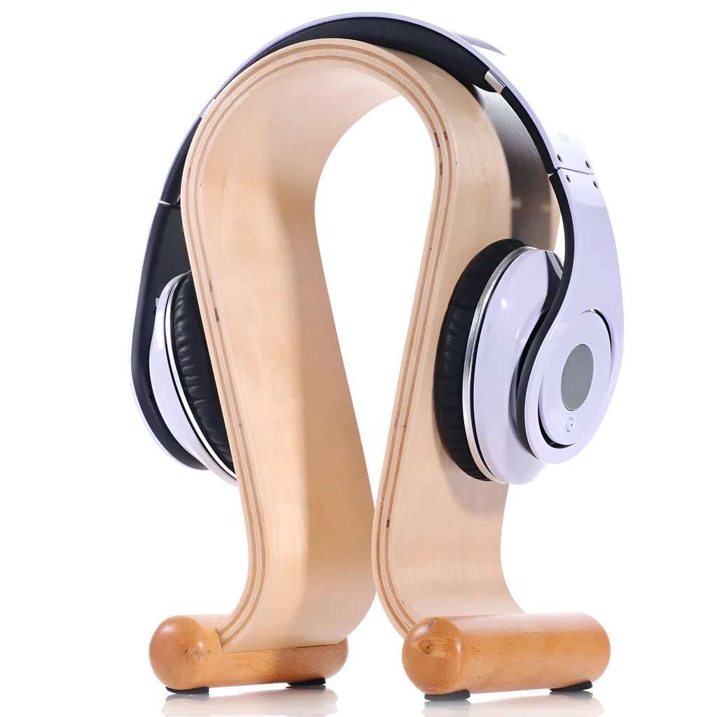 Solid wood earphone display rack with natural wood grain finish on desk