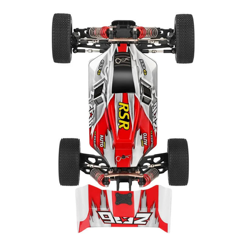 Electric four-wheel drive remote control car 1:14 scale off-road vehicle in red and green plastic construction