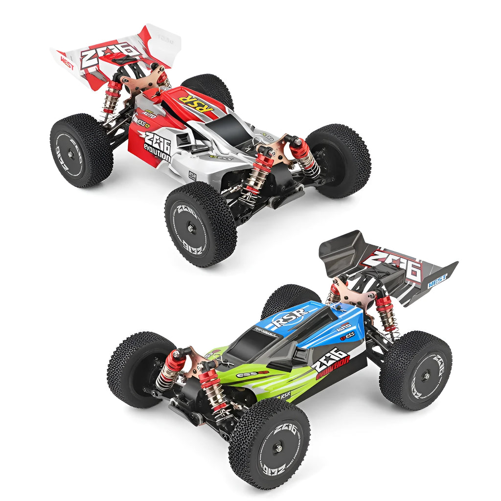 Electric four-wheel drive remote control car 1:14 scale off-road vehicle in red and green plastic construction