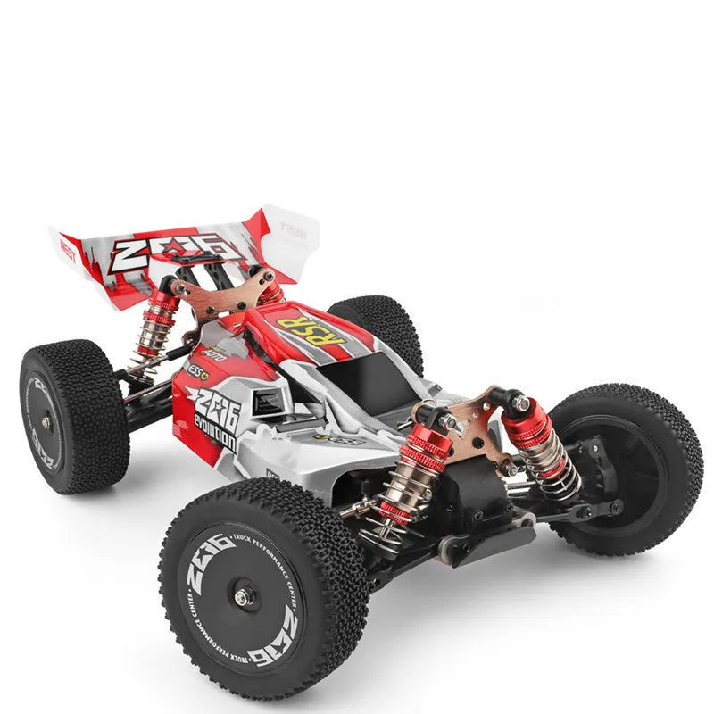 Electric four-wheel drive remote control car 1:14 scale off-road vehicle in red and green plastic construction