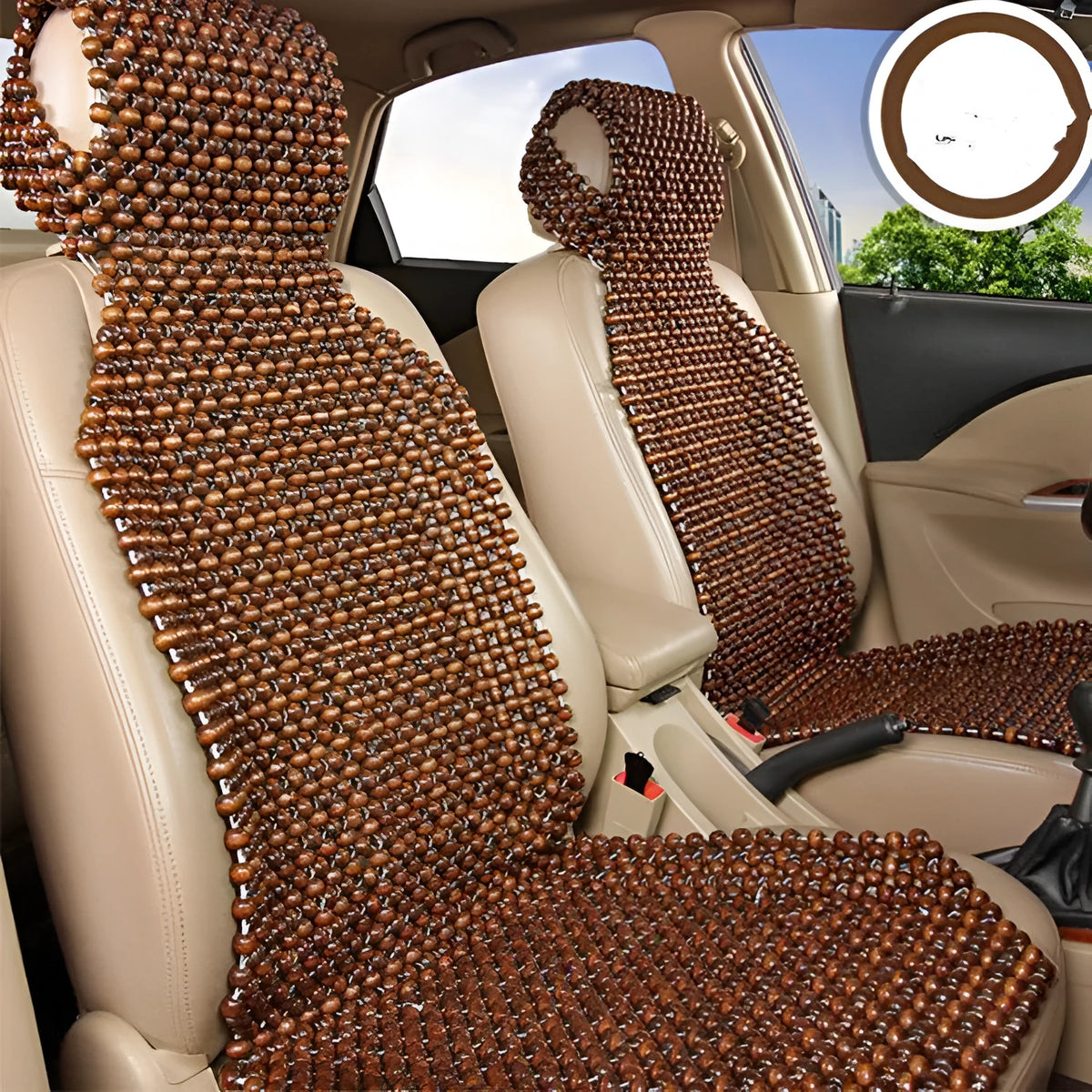 Square 45x45cm wooden bead cushion in beige for car seat use with bead construction
